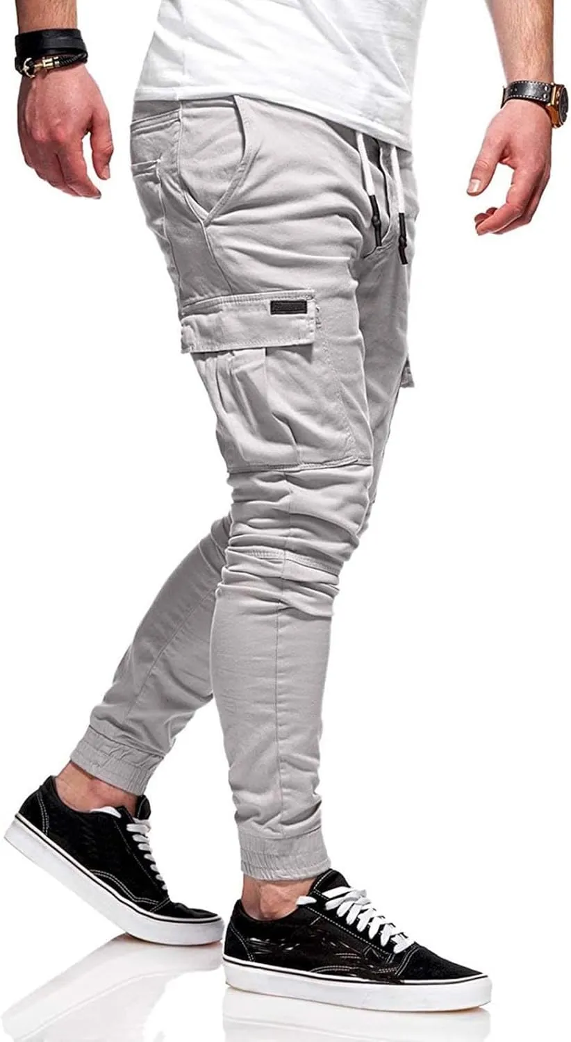 Cargo Pants for Men Drawstring Elastic Waist Casual Sweatpants Slim Fit Athletic Joggers Pants Outdoor Sports Trousers