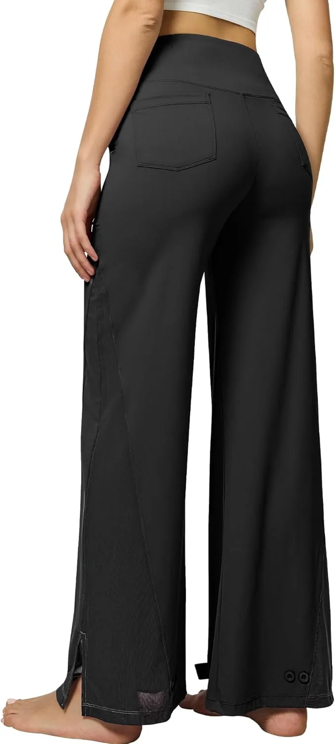 Casei Wide Leg Yoga Pants for Women Adjustable Hem High Waist Loose Casual Pants with Pockets