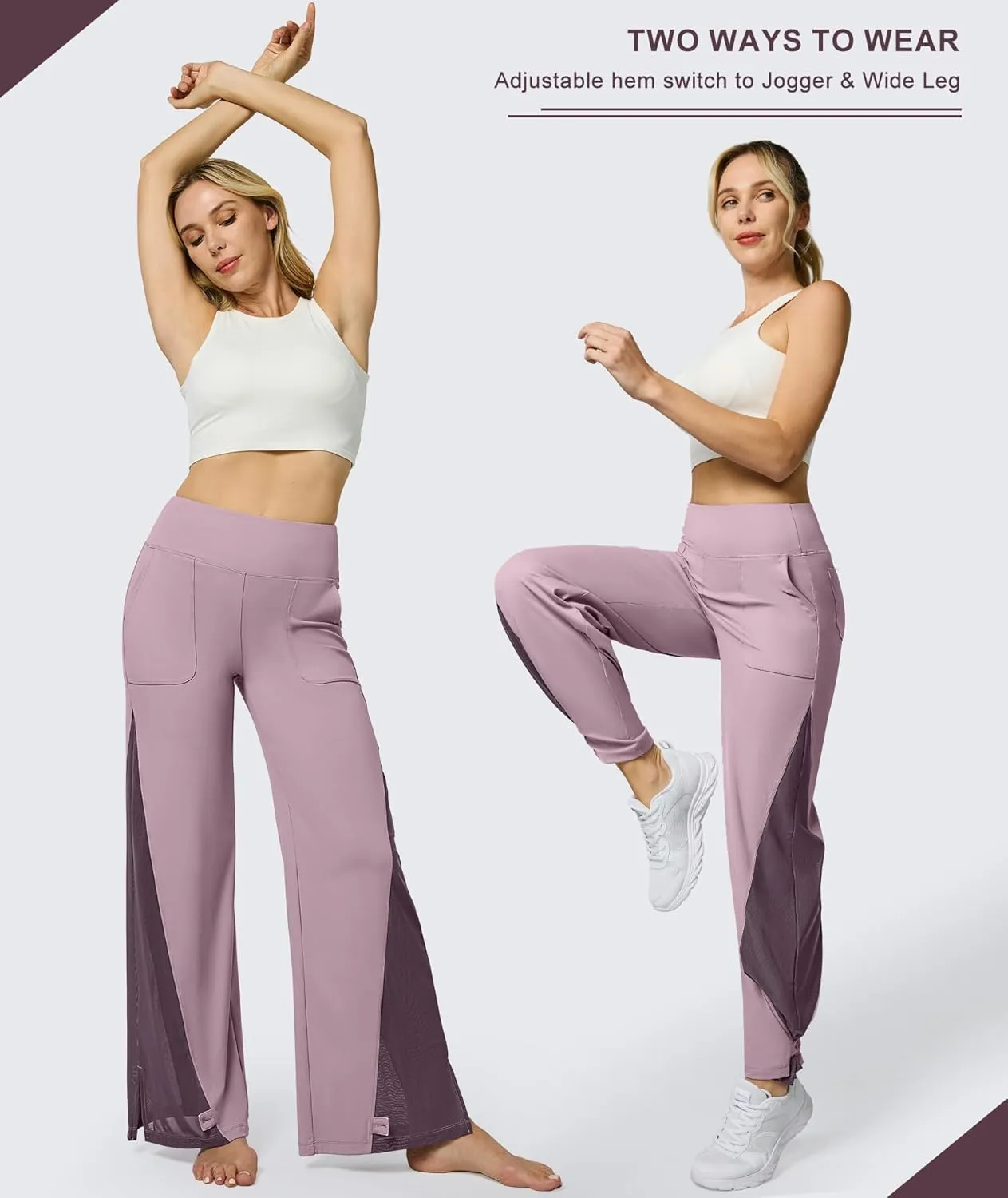 Casei Wide Leg Yoga Pants for Women Adjustable Hem High Waist Loose Casual Pants with Pockets