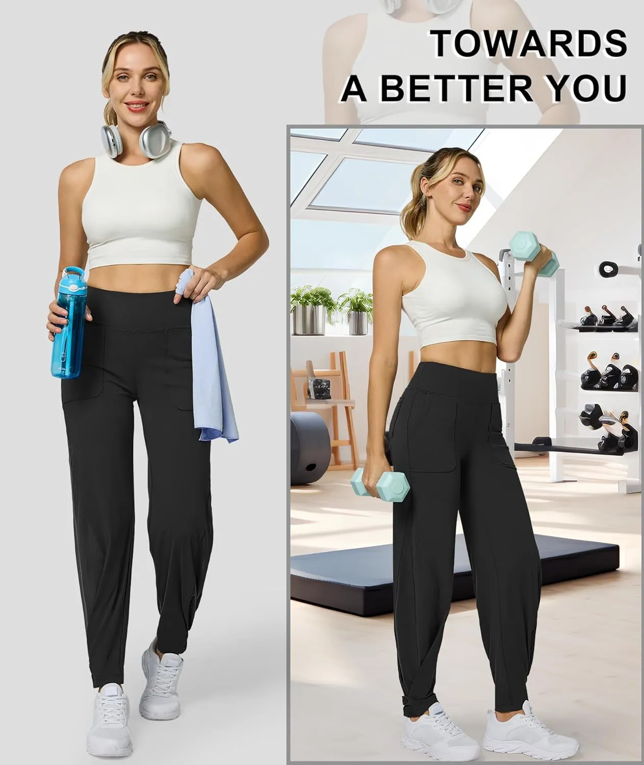 Casei Wide Leg Yoga Pants for Women Adjustable Hem High Waist Loose Casual Pants with Pockets