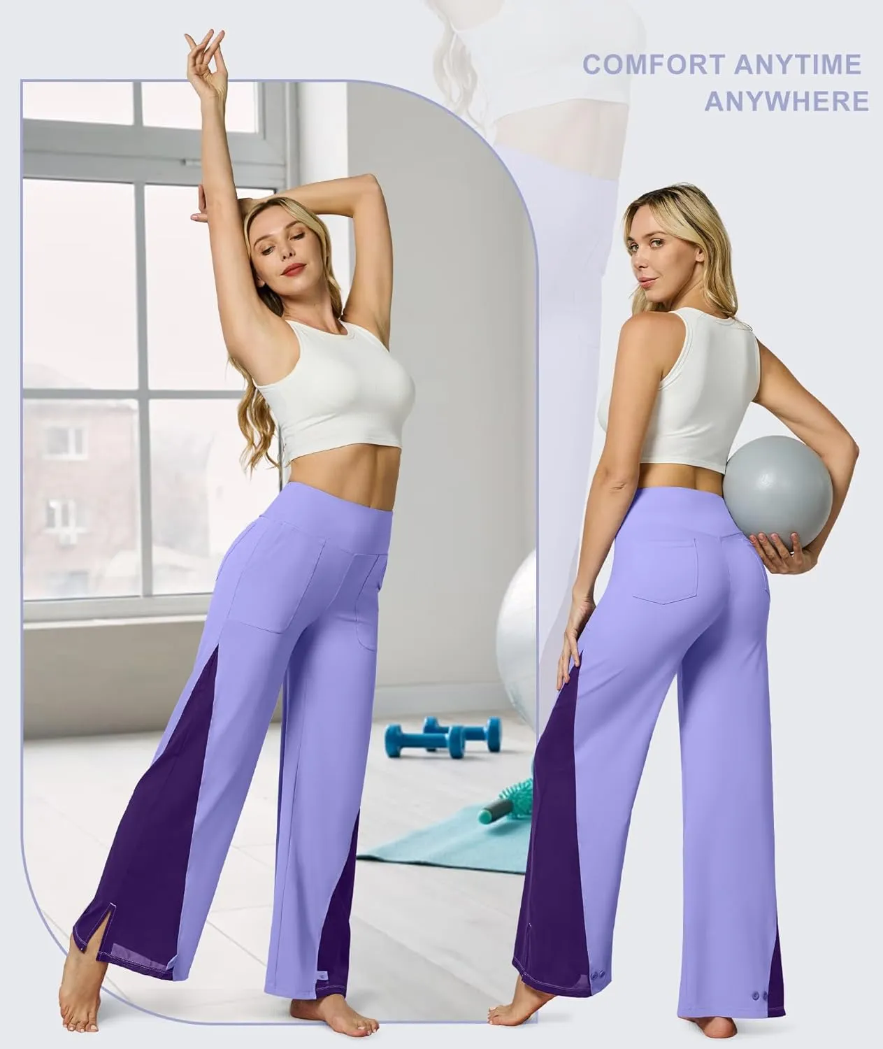 Casei Wide Leg Yoga Pants for Women Adjustable Hem High Waist Loose Casual Pants with Pockets