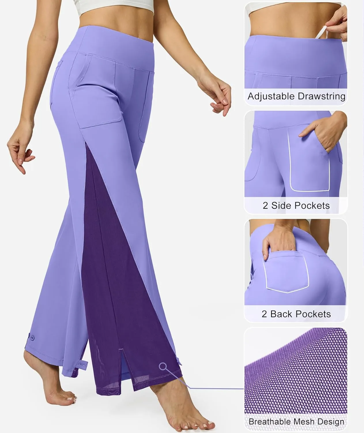 Casei Wide Leg Yoga Pants for Women Adjustable Hem High Waist Loose Casual Pants with Pockets