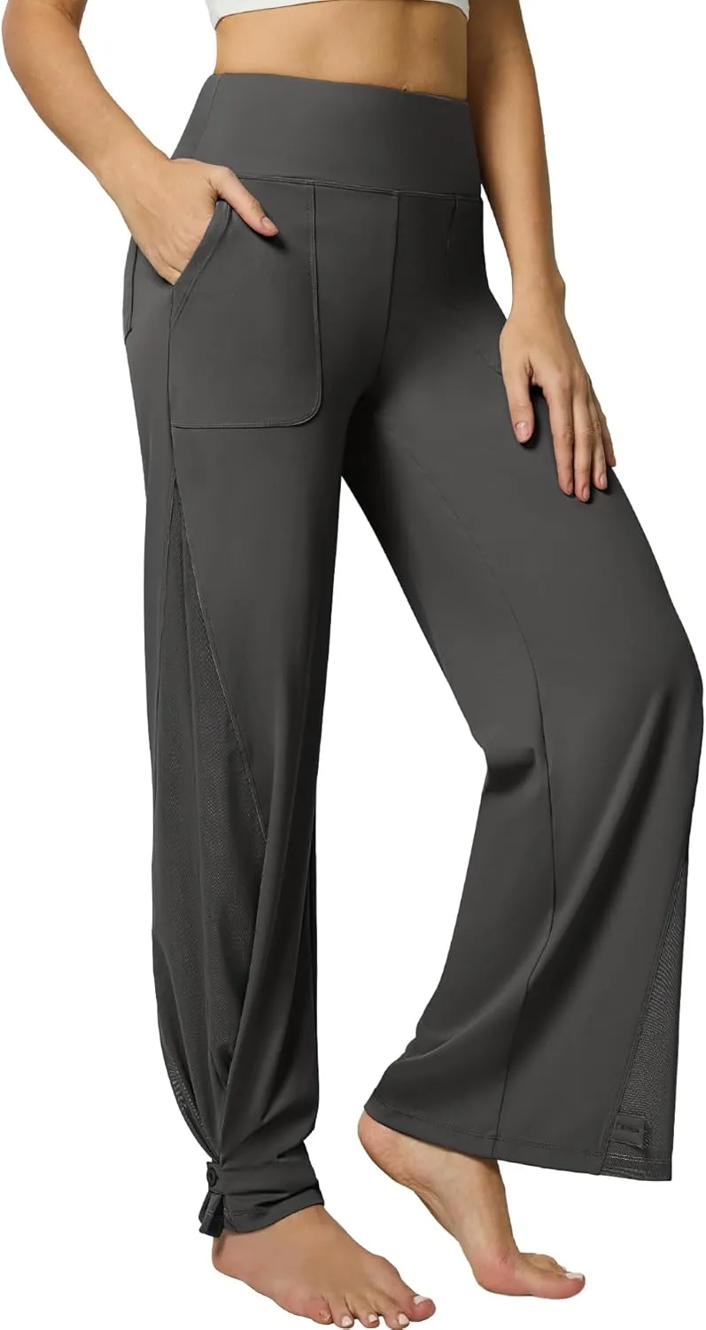 Casei Wide Leg Yoga Pants for Women Adjustable Hem High Waist Loose Casual Pants with Pockets