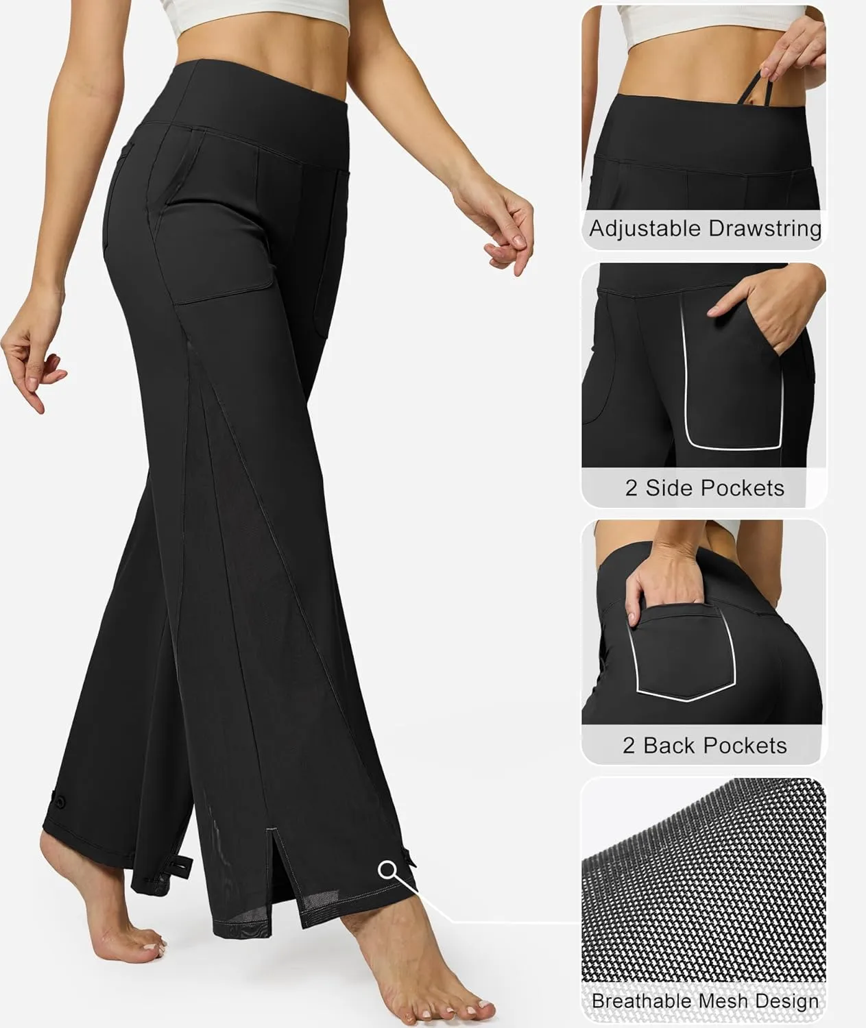 Casei Wide Leg Yoga Pants for Women Adjustable Hem High Waist Loose Casual Pants with Pockets
