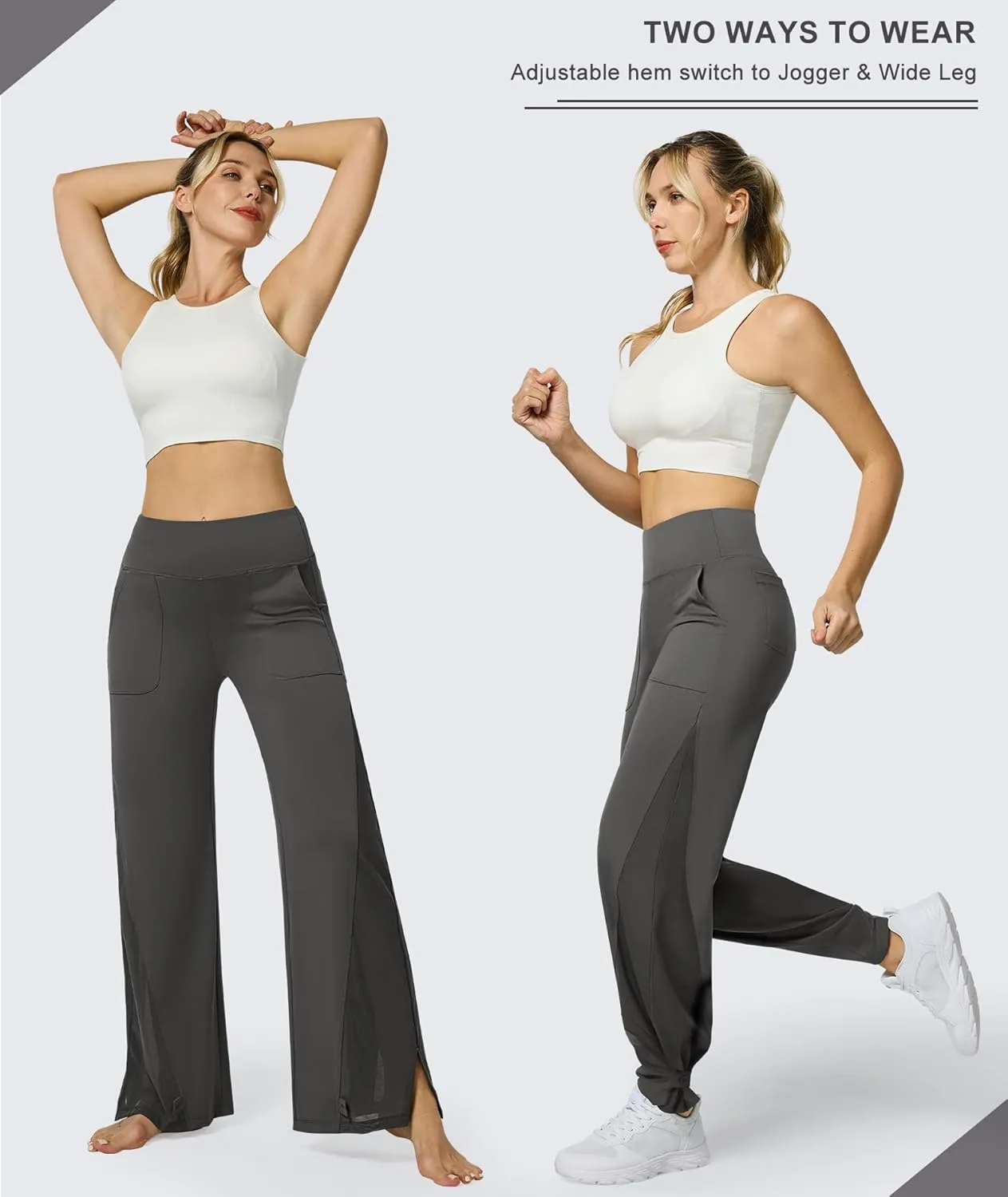 Casei Wide Leg Yoga Pants for Women Adjustable Hem High Waist Loose Casual Pants with Pockets