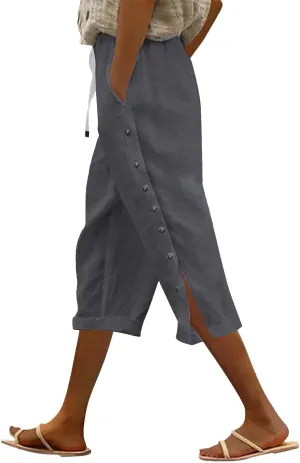 Casual Linen Capri Pants for Women 2025 Summer Elastic Waist Side Button Crop Capris Trendy Beach Trouser with Pocket