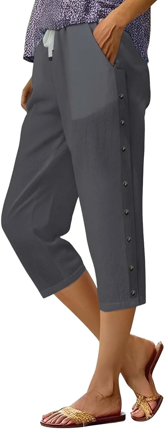 Casual Linen Capri Pants for Women 2025 Summer Elastic Waist Side Button Crop Capris Trendy Beach Trouser with Pocket