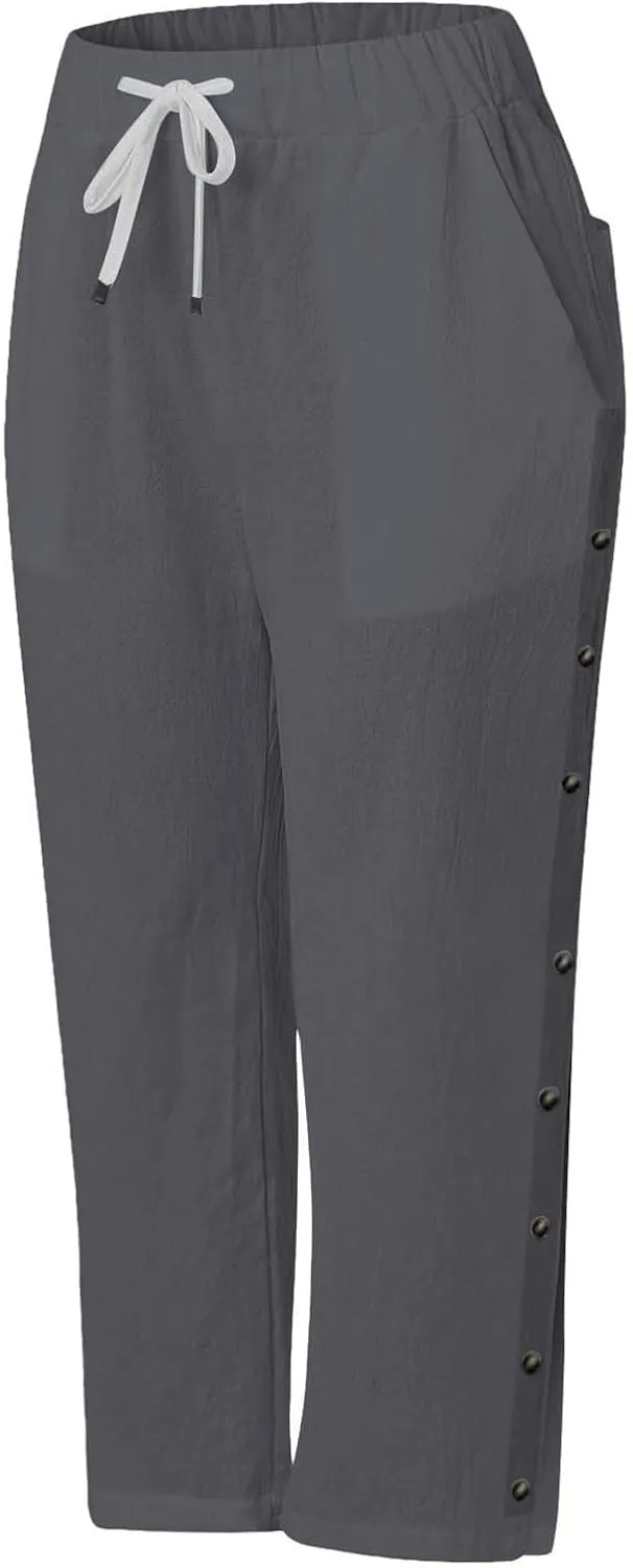 Casual Linen Capri Pants for Women 2025 Summer Elastic Waist Side Button Crop Capris Trendy Beach Trouser with Pocket