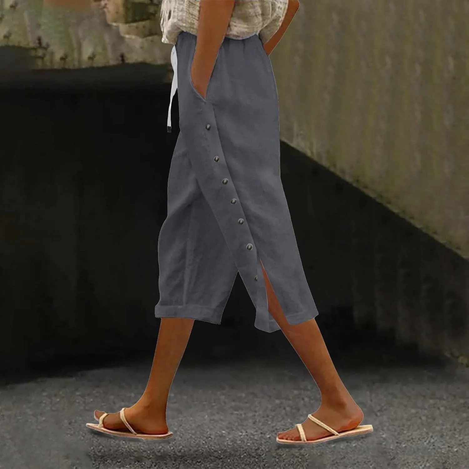 Casual Linen Capri Pants for Women 2025 Summer Elastic Waist Side Button Crop Capris Trendy Beach Trouser with Pocket