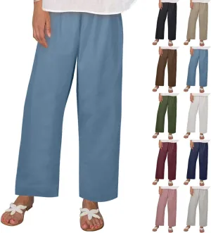 Casual Linen Trousers for Women Solid Color Straight Leg Elastic Waist Loose Comfy Travel Pants Autumn Outdoor Slacks