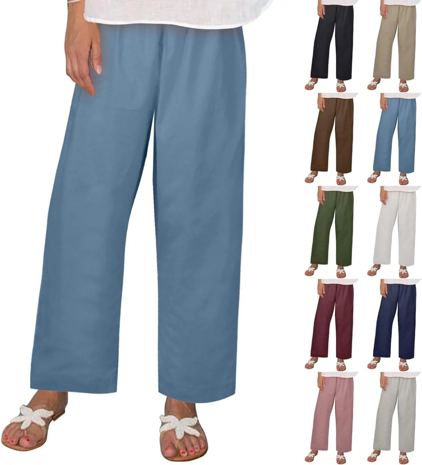 Casual Linen Trousers for Women Solid Color Straight Leg Elastic Waist Loose Comfy Travel Pants Autumn Outdoor Slacks