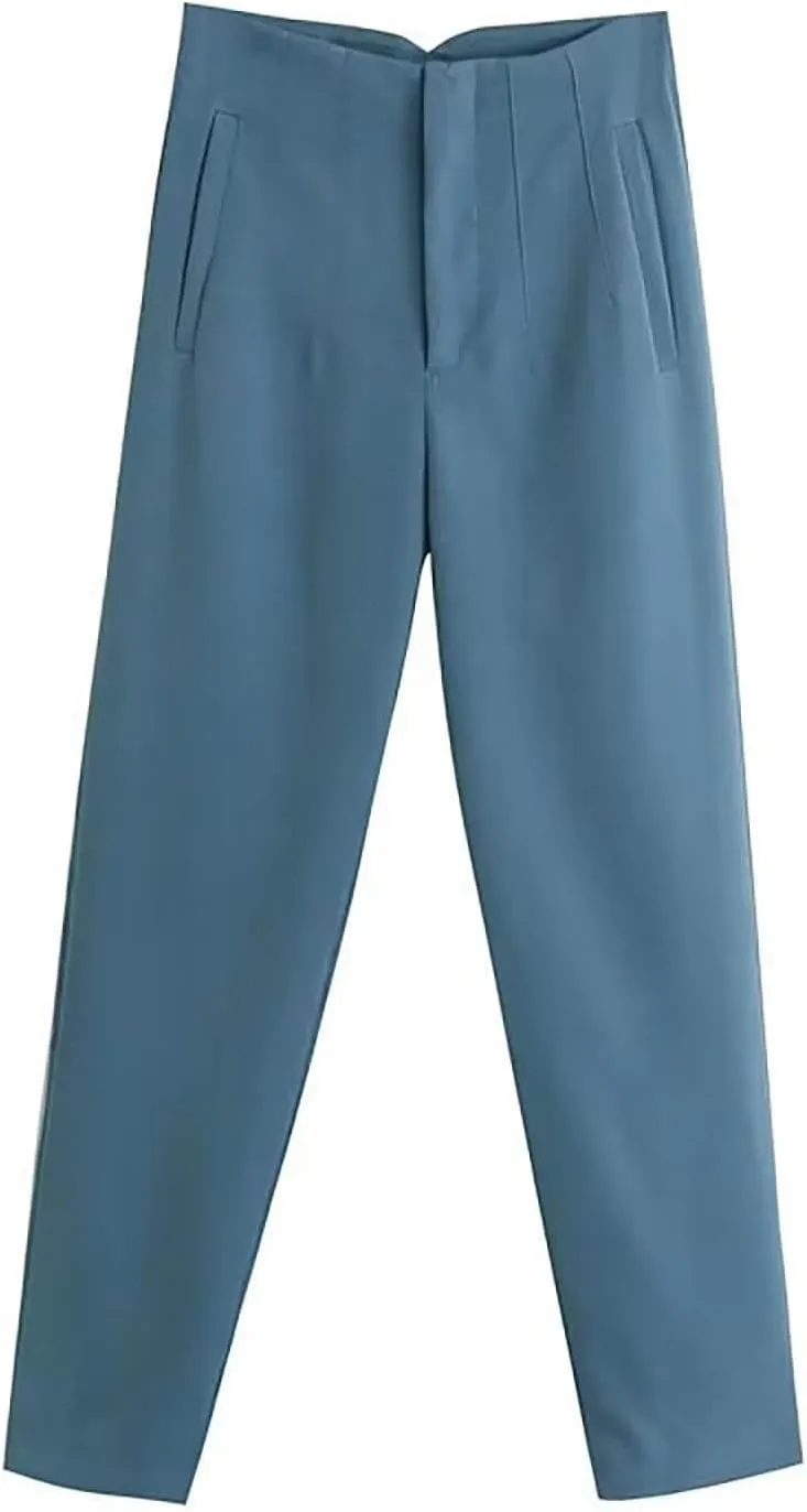 Casual Pants for Women Business Work Office Dress Trousers Solid Color High Waist Zip Straight Leg Pants with Pockets