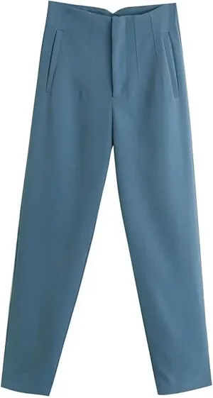 Casual Pants for Women Business Work Office Dress Trousers Solid Color High Waist Zip Straight Leg Pants with Pockets