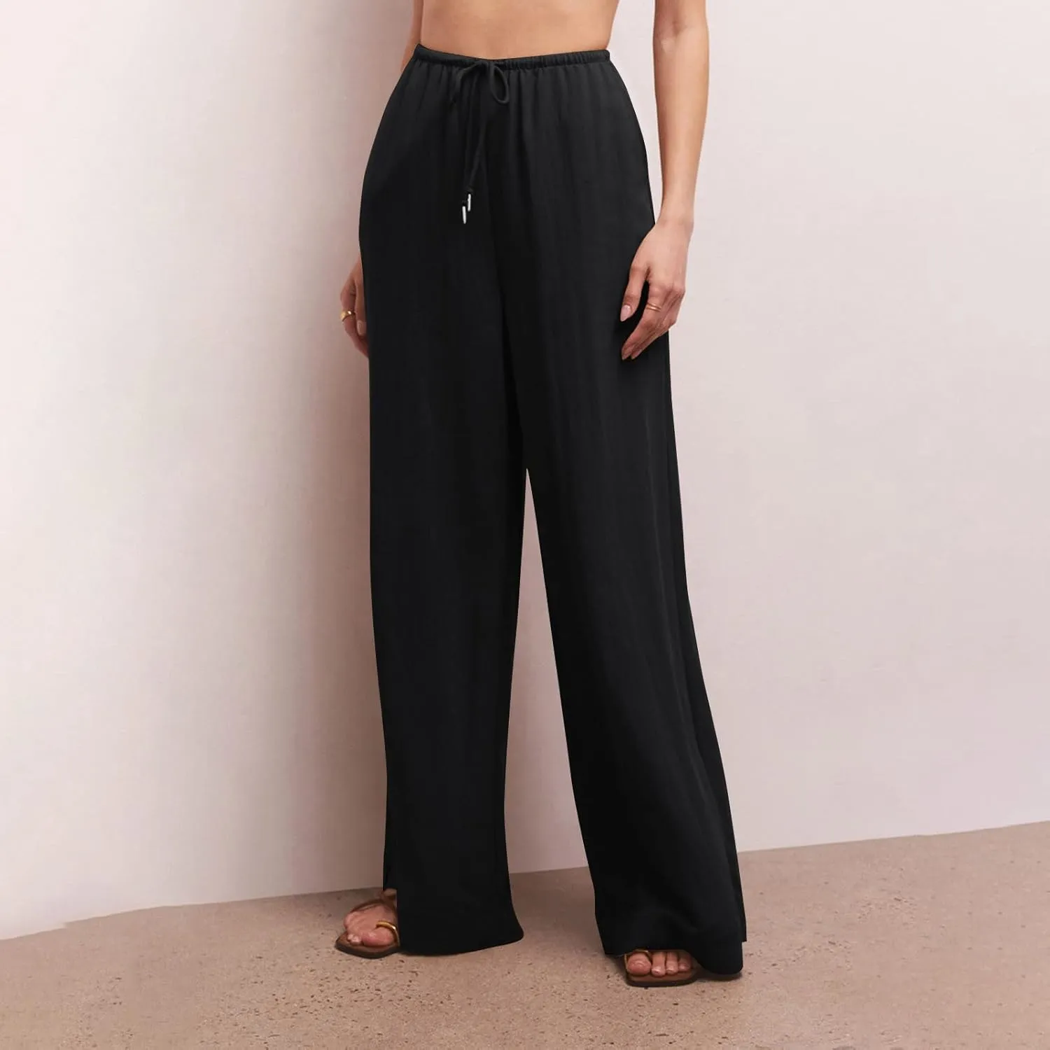 Casual Summer Linen Drawstring Long Pant for Women Lightweight High Waist Straight Wide Leg Solid Color Lounge Trousers