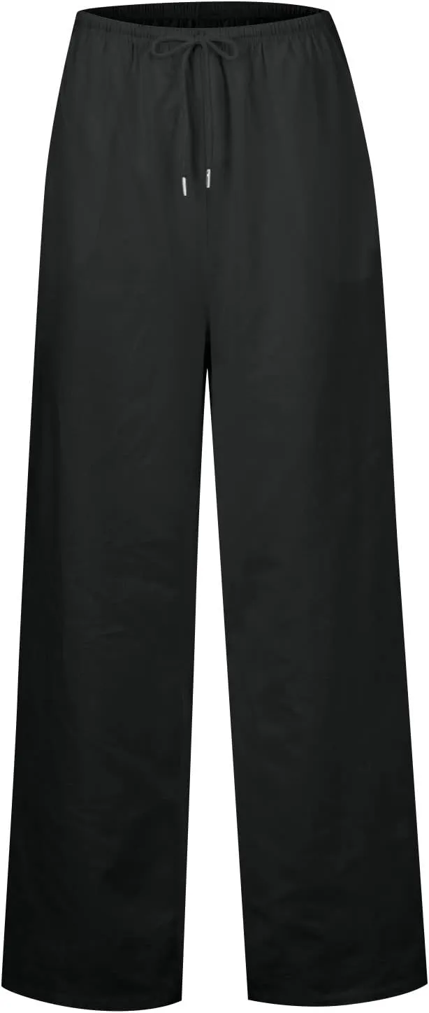 Casual Summer Linen Drawstring Long Pant for Women Lightweight High Waist Straight Wide Leg Solid Color Lounge Trousers