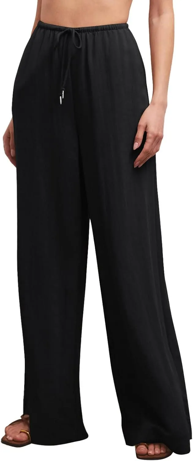 Casual Summer Linen Drawstring Long Pant for Women Lightweight High Waist Straight Wide Leg Solid Color Lounge Trousers