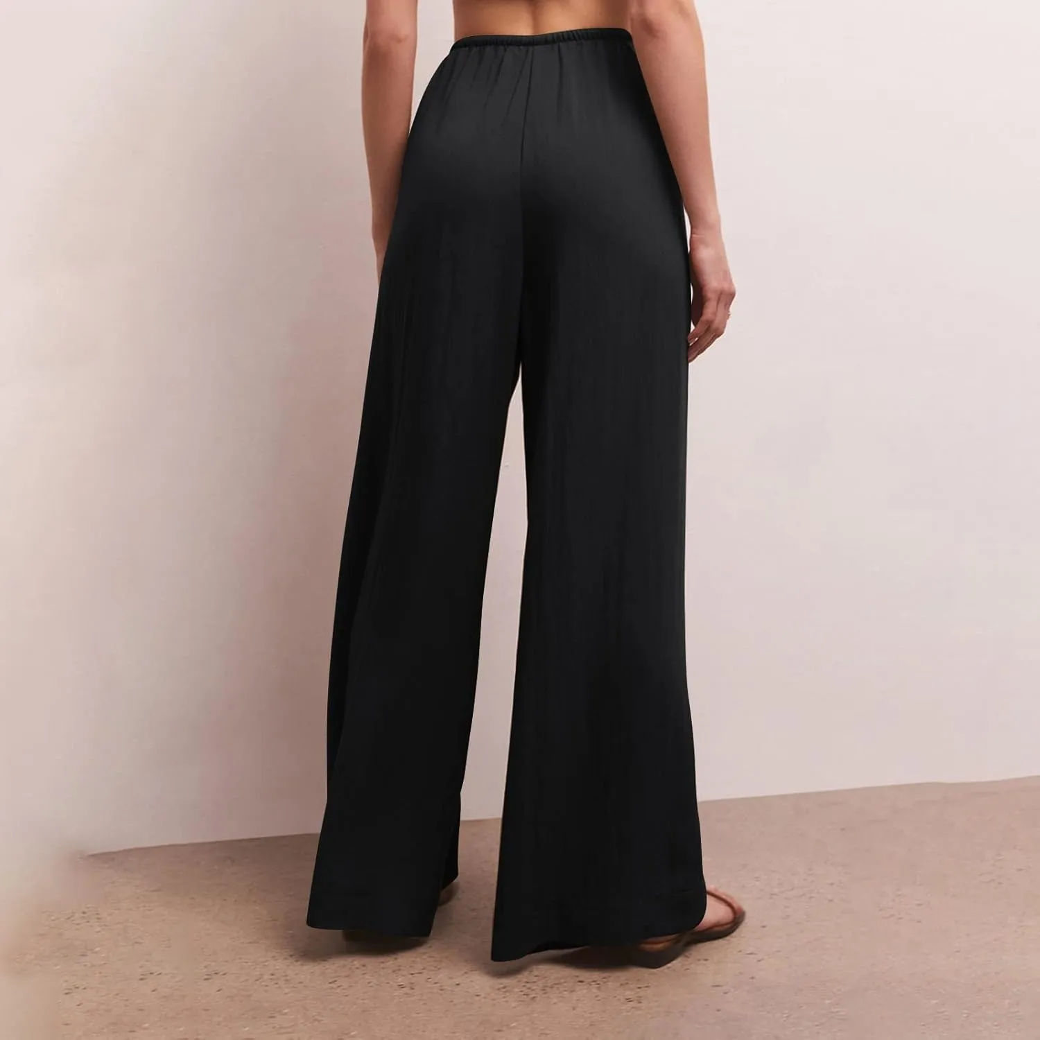 Casual Summer Linen Drawstring Long Pant for Women Lightweight High Waist Straight Wide Leg Solid Color Lounge Trousers
