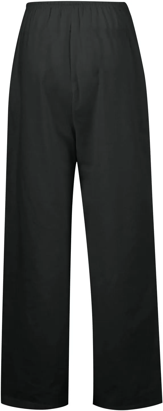Casual Summer Linen Drawstring Long Pant for Women Lightweight High Waist Straight Wide Leg Solid Color Lounge Trousers