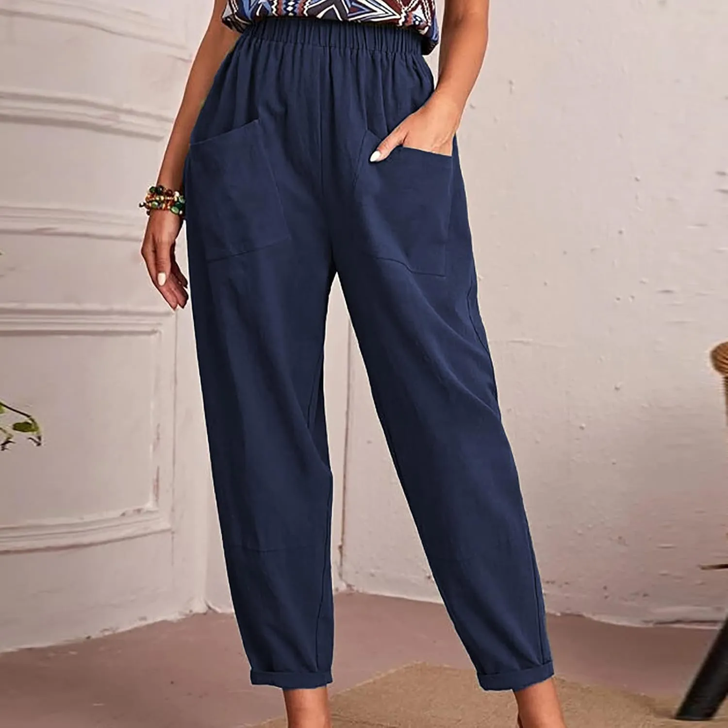 Ceboyel Womens Capri Pants for Summer High Elastic Waist Casual Cropped Pants Loose Lounge Trouser Ladies Trendy Outfits