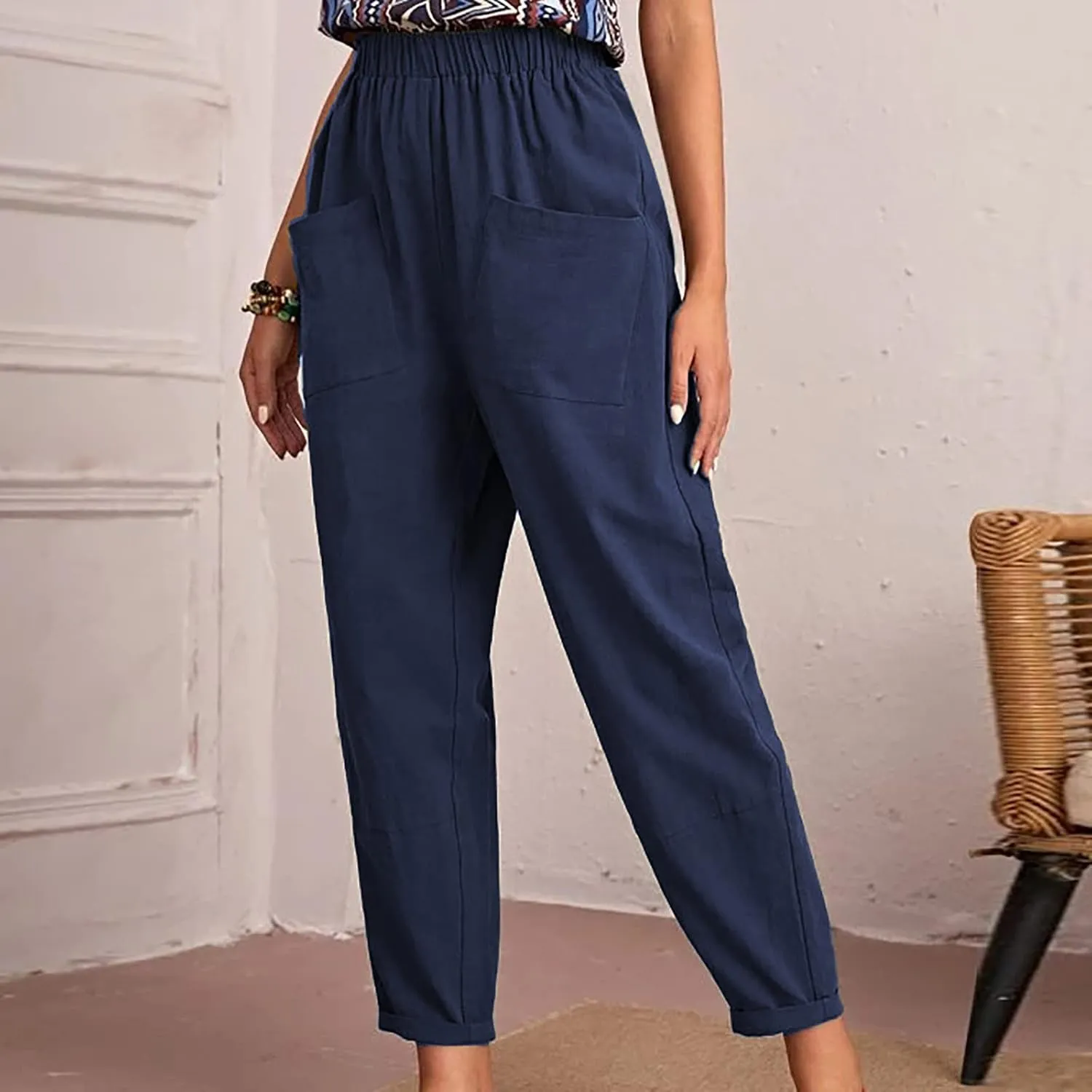 Ceboyel Womens Capri Pants for Summer High Elastic Waist Casual Cropped Pants Loose Lounge Trouser Ladies Trendy Outfits