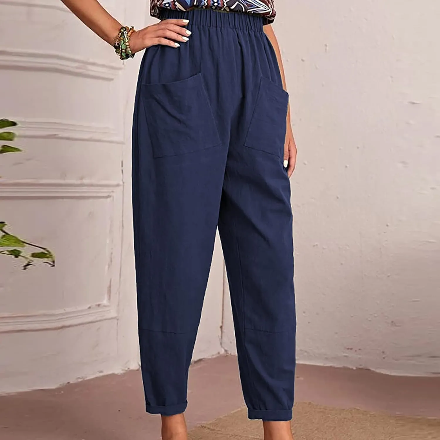 Ceboyel Womens Capri Pants for Summer High Elastic Waist Casual Cropped Pants Loose Lounge Trouser Ladies Trendy Outfits