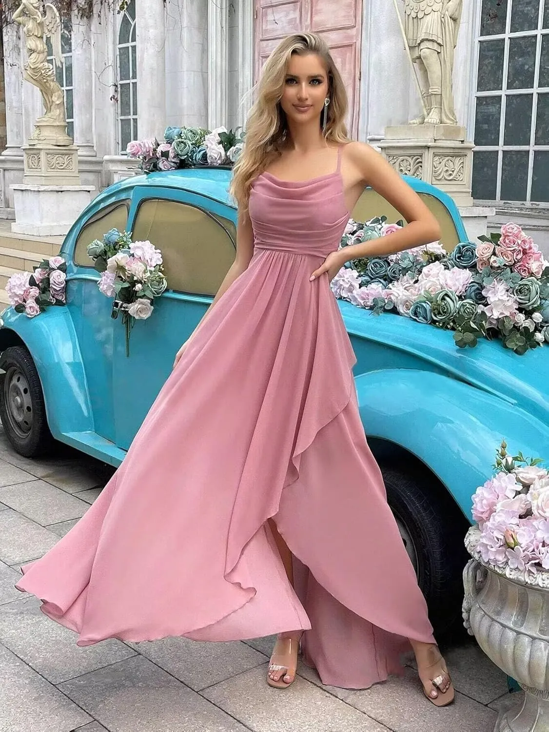 Chiffon Bridesmaid Dresses Long for Wedding Women's Cowl Neck Spaghetti Straps Formal Evening Party Gown with Slit