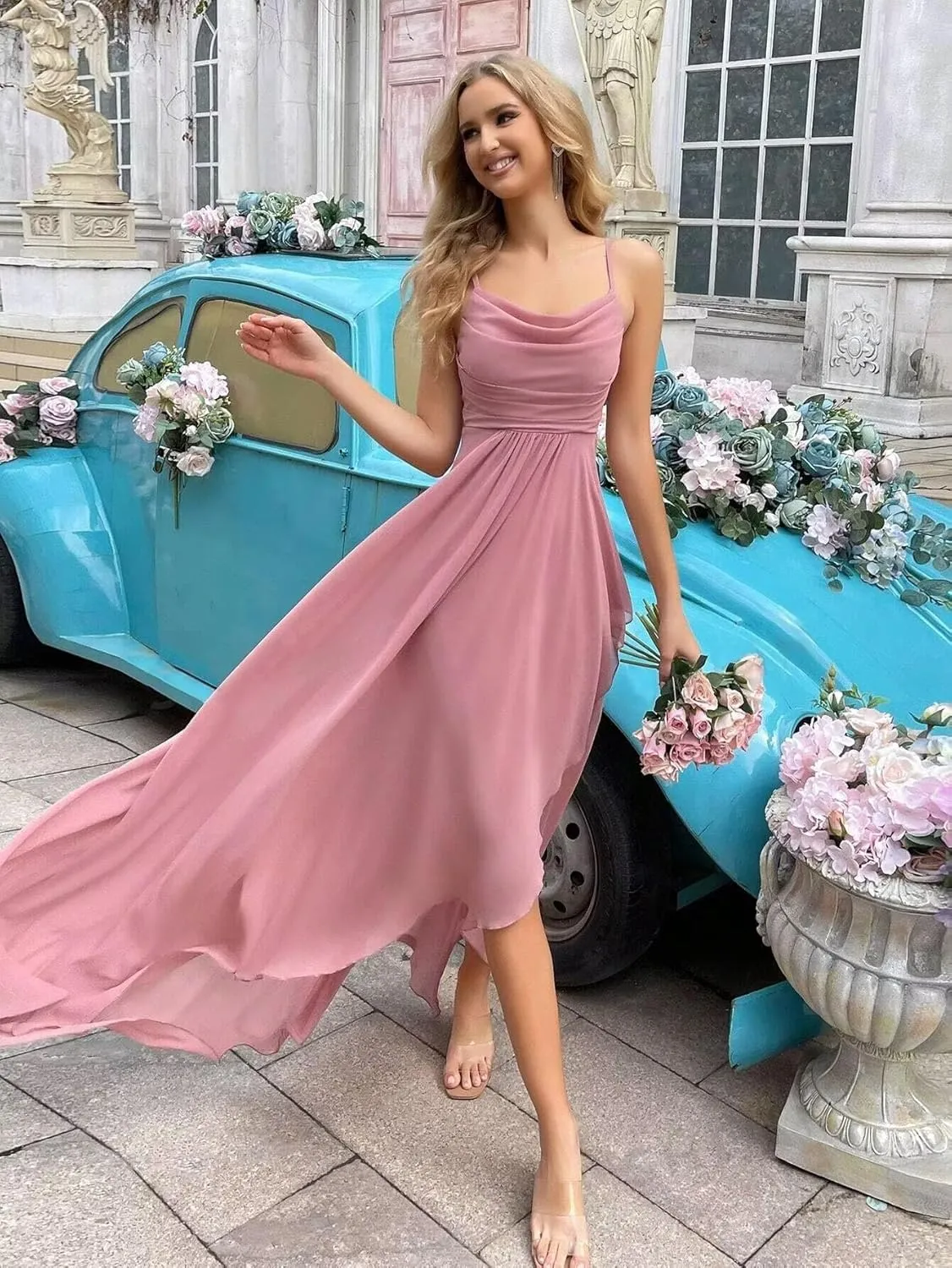 Chiffon Bridesmaid Dresses Long for Wedding Women's Cowl Neck Spaghetti Straps Formal Evening Party Gown with Slit