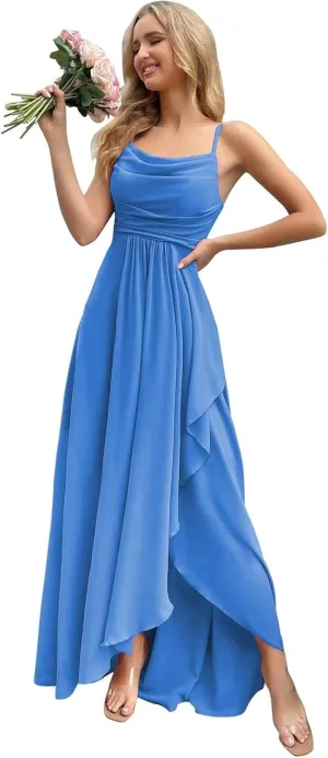 Chiffon Bridesmaid Dresses Long for Wedding Women's Cowl Neck Spaghetti Straps Formal Evening Party Gown with Slit