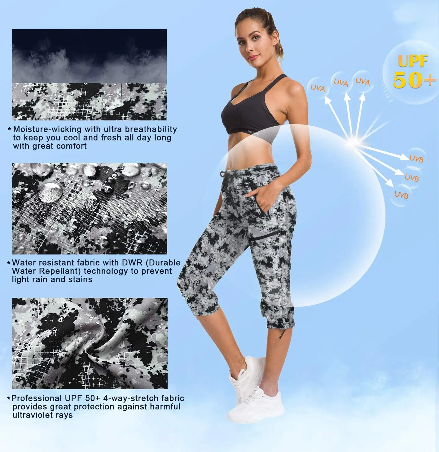 ChinFun Women's Hiking Capris Pants Outdoor Quick Dry Cargo Cropped Pants Water Resistant UPF 50 