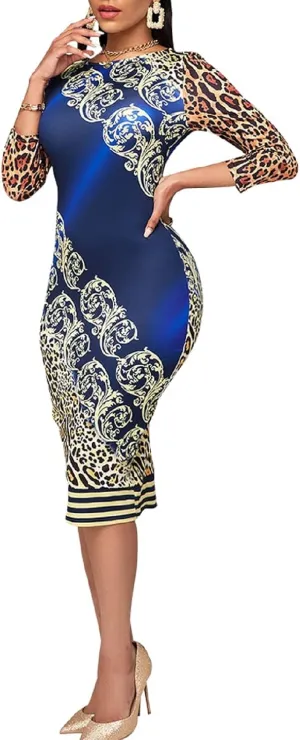 Church Dresses for Women Bodycon Sexy Pencil Party Club Night Out Long Sleeve Floral Print Midi Dress Fashion 2023 with Belt