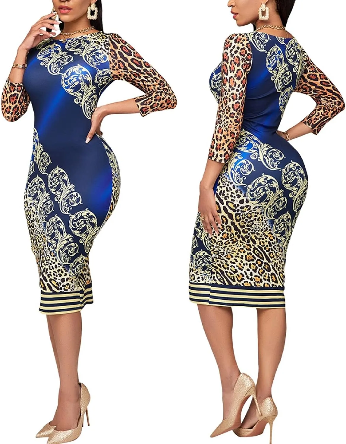 Church Dresses for Women Bodycon Sexy Pencil Party Club Night Out Long Sleeve Floral Print Midi Dress Fashion 2023 with Belt