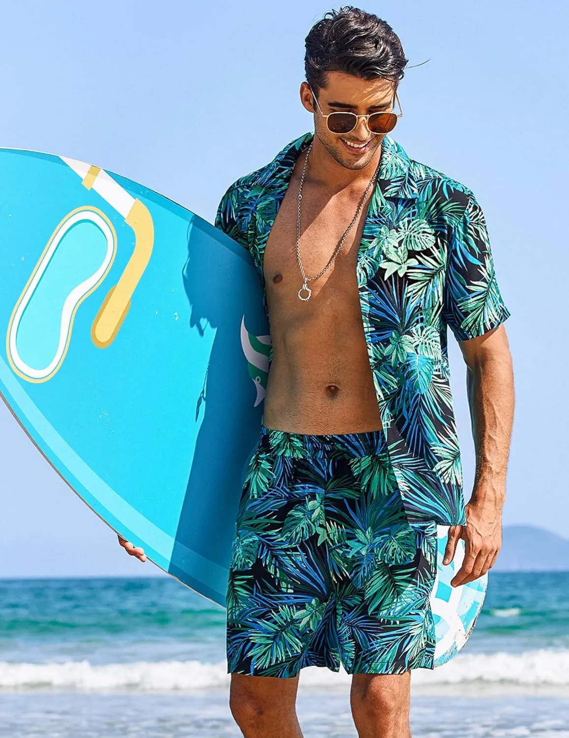 COOFANDY Men's Hawaiian Matching Shirt and Shorts Set Summer Beach 2 Piece Outfits Short Sleeve Cuban Shirts and Shorts