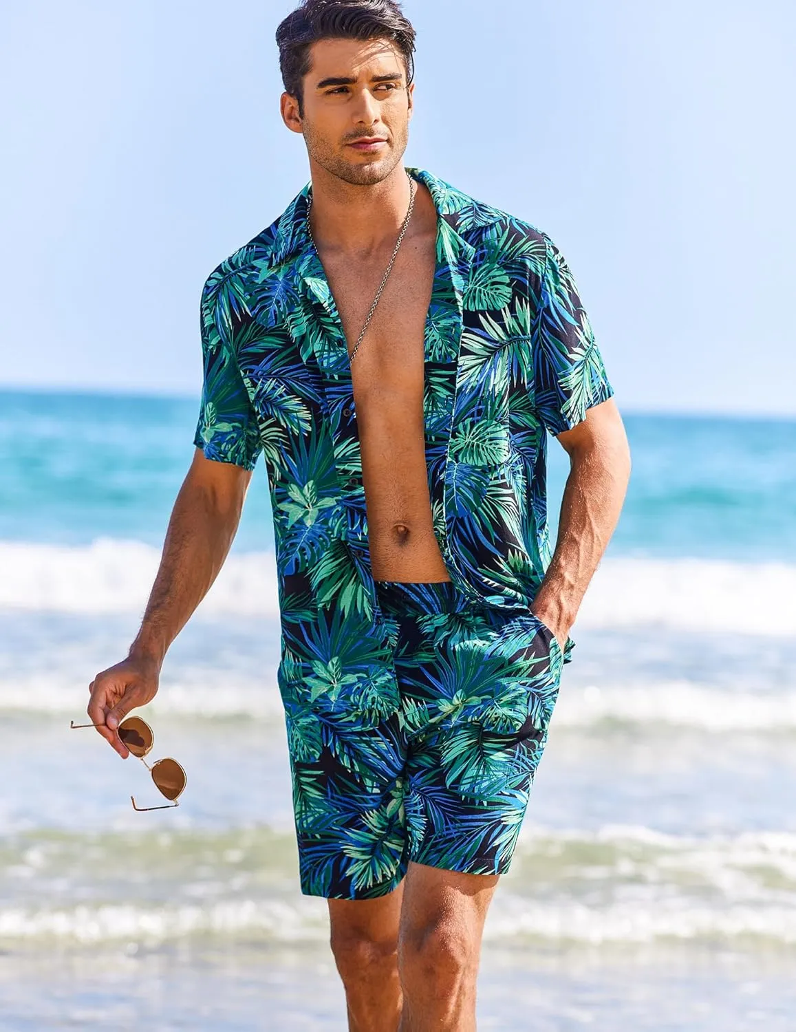 COOFANDY Men's Hawaiian Matching Shirt and Shorts Set Summer Beach 2 Piece Outfits Short Sleeve Cuban Shirts and Shorts