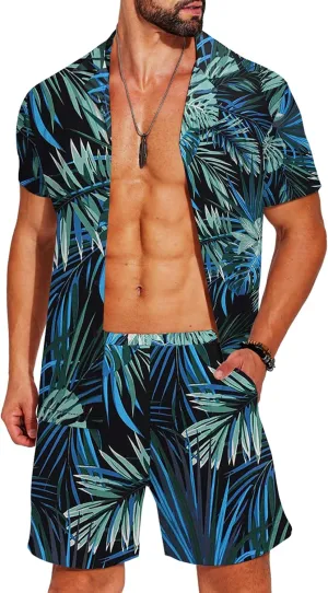 COOFANDY Men's Hawaiian Matching Shirt and Shorts Set Summer Beach 2 Piece Outfits Short Sleeve Cuban Shirts and Shorts