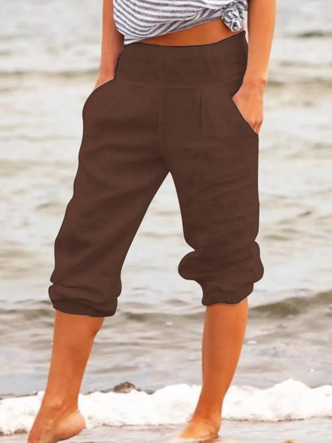 Cotton Linen Capri Pants for Women Casual Summer Loose Comfy Trendy Elastic Waist Cropped Trouser with Pockets