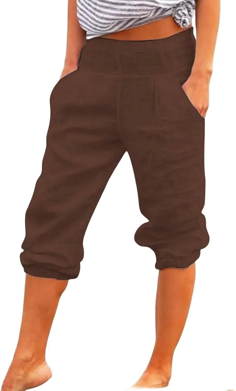 Cotton Linen Capri Pants for Women Casual Summer Loose Comfy Trendy Elastic Waist Cropped Trouser with Pockets