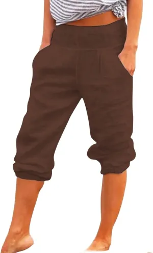 Cotton Linen Capri Pants for Women Casual Summer Loose Comfy Trendy Elastic Waist Cropped Trouser with Pockets