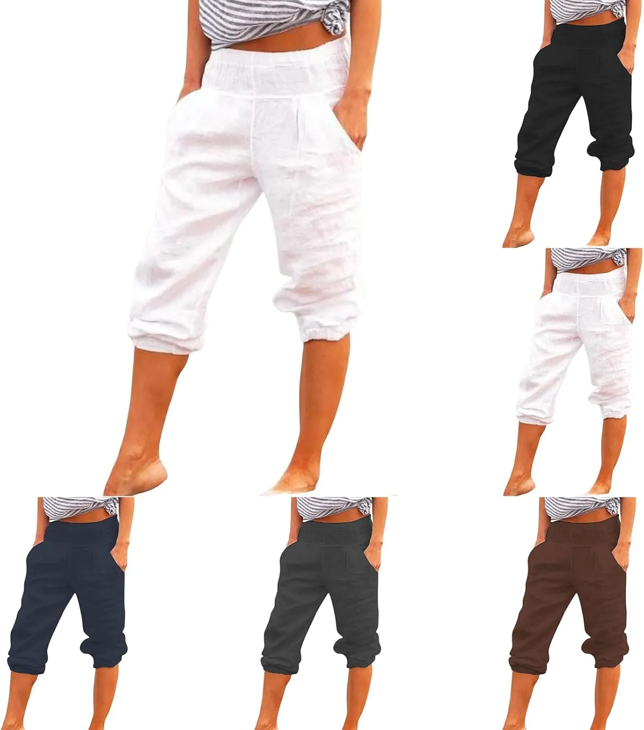 Cotton Linen Capri Pants for Women Casual Summer Loose Comfy Trendy Elastic Waist Cropped Trouser with Pockets
