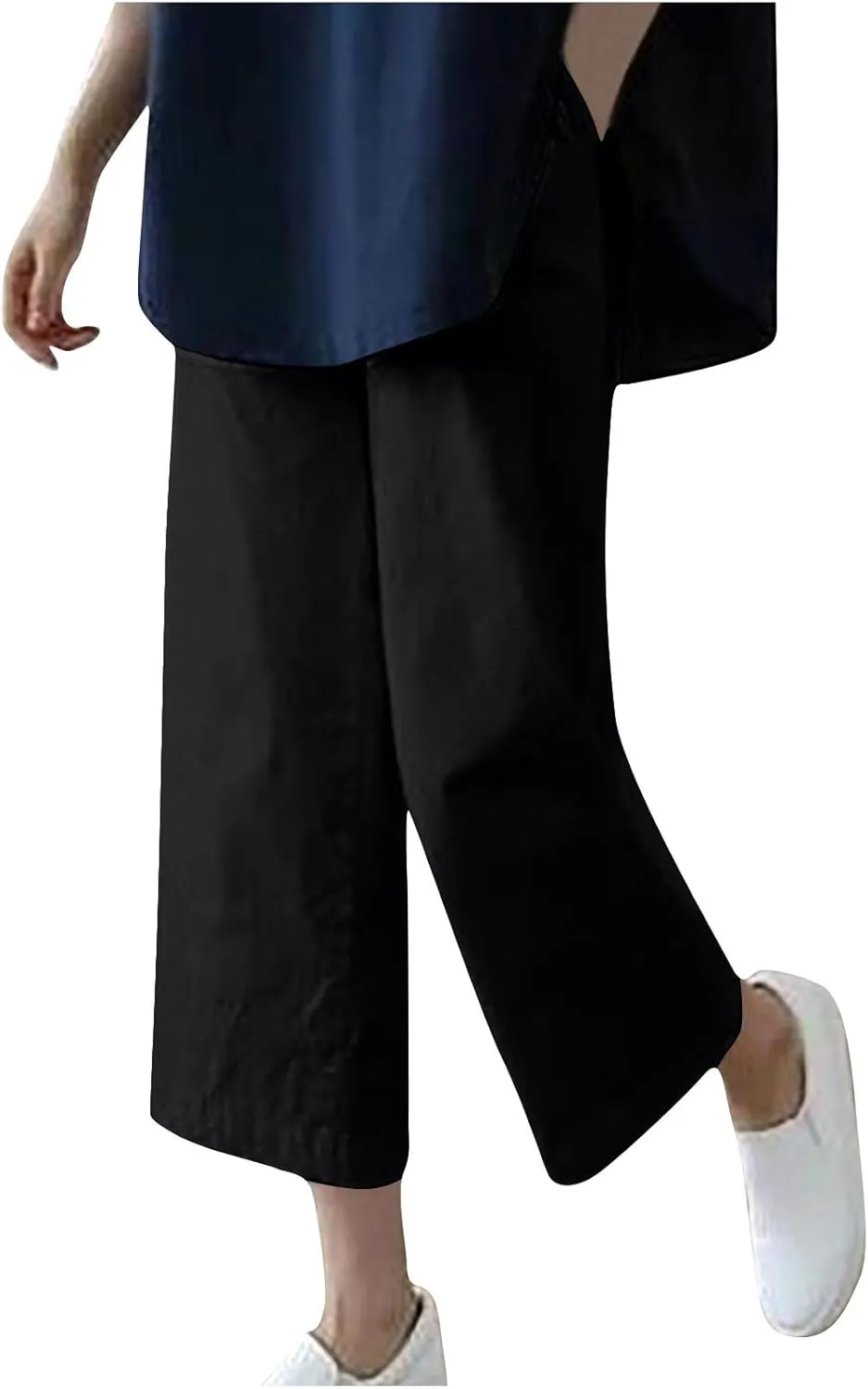 Cotton Linen Capris Pants for Women Casual Summer 2025 Straight Wide Leg Loose Elastic Waist Cropped Trouser