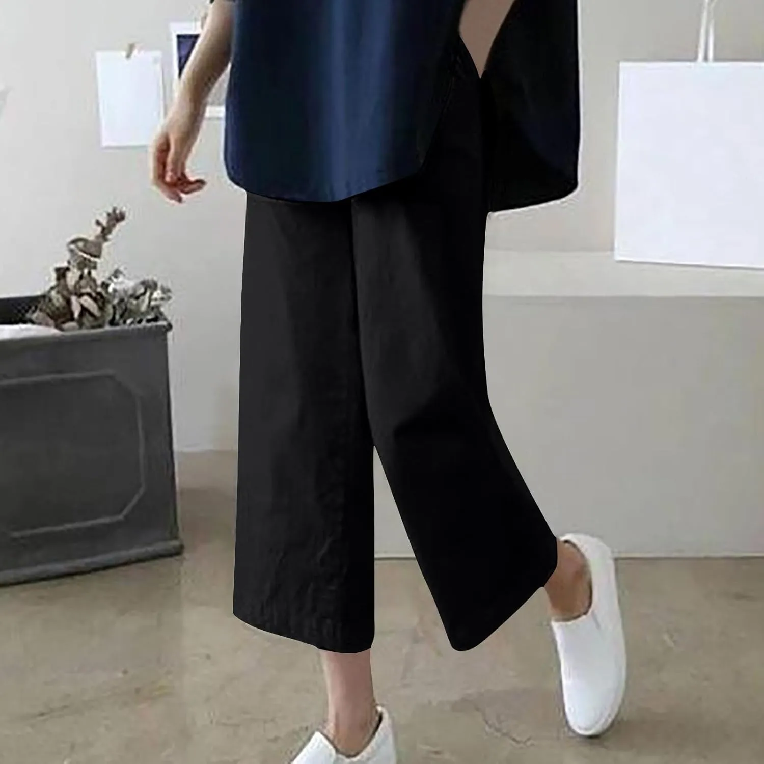 Cotton Linen Capris Pants for Women Casual Summer 2025 Straight Wide Leg Loose Elastic Waist Cropped Trouser