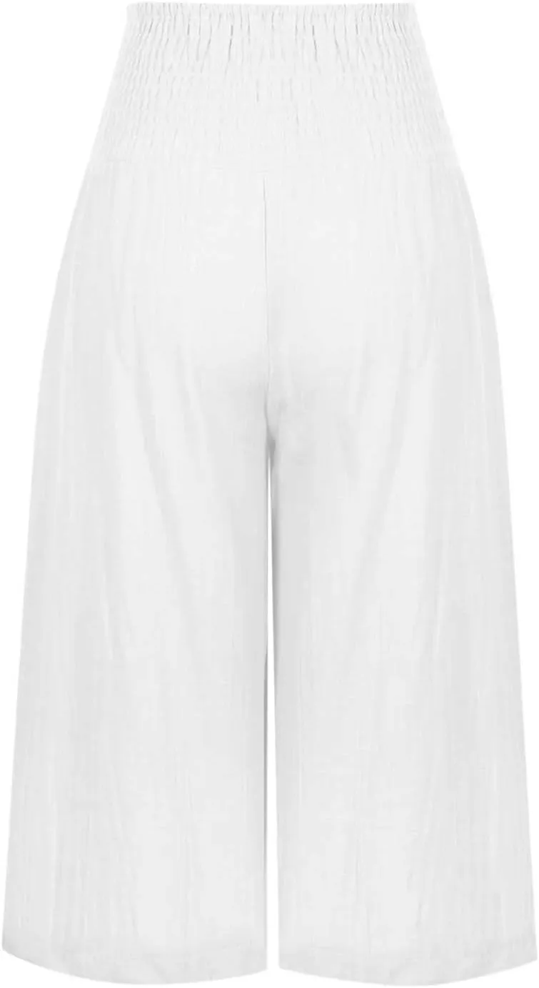 Cotton Linen Capris Pants for Women Casual Summer Loose Wide Leg Pant High Waist Straight Cropped Trousers