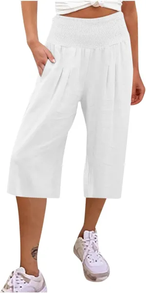 Cotton Linen Capris Pants for Women Casual Summer Loose Wide Leg Pant High Waist Straight Cropped Trousers