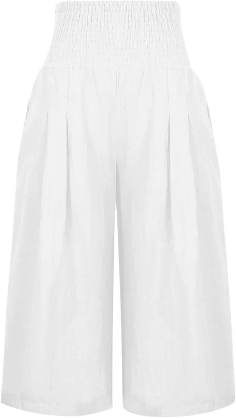 Cotton Linen Capris Pants for Women Casual Summer Loose Wide Leg Pant High Waist Straight Cropped Trousers