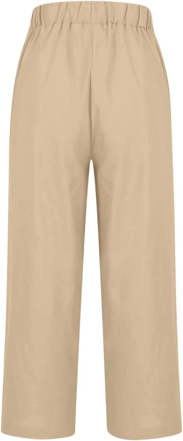 Cotton Linen Cropped Pants for Women 2025 Summer Elastic Waist Straight Wide Leg Boho Beach Trouser with Pockets