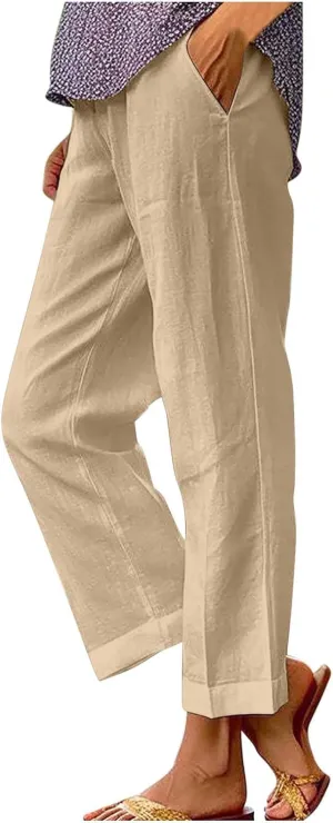 Cotton Linen Cropped Pants for Women 2025 Summer Elastic Waist Straight Wide Leg Boho Beach Trouser with Pockets