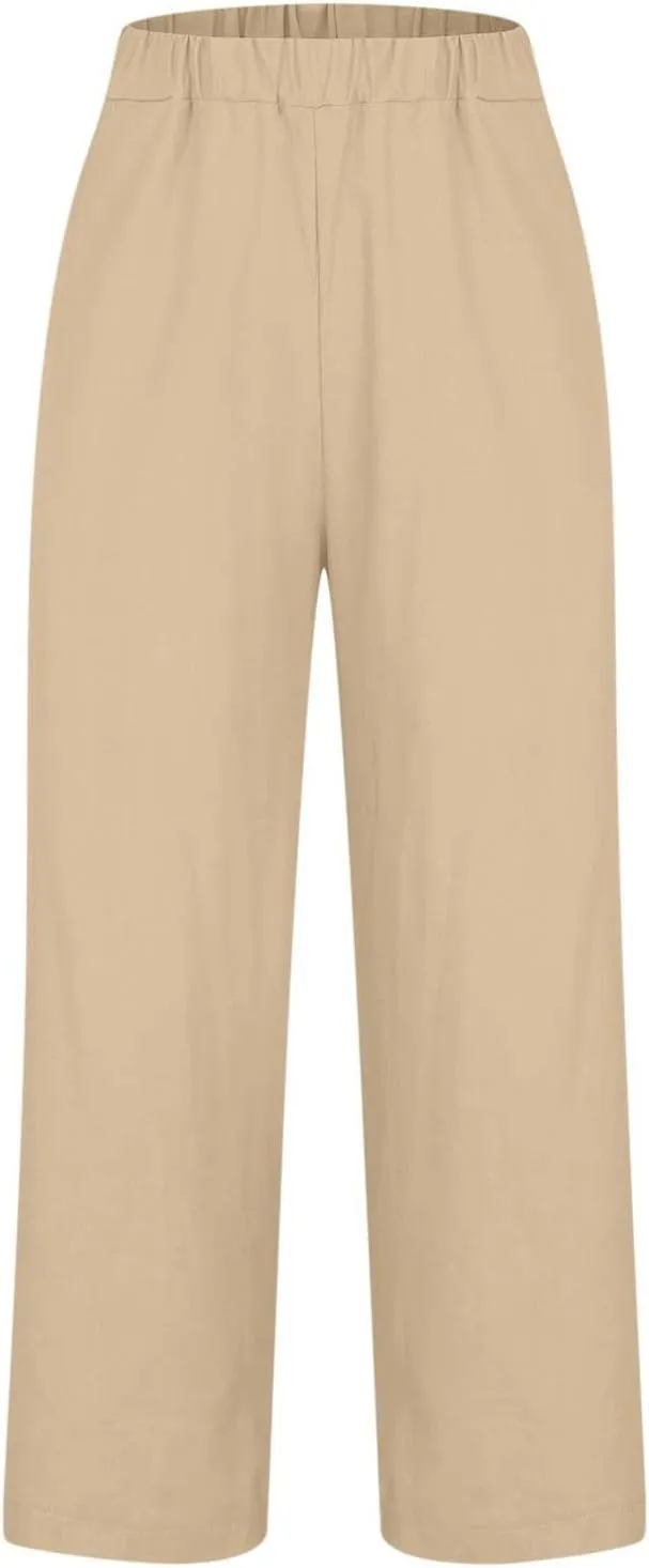Cotton Linen Cropped Pants for Women 2025 Summer Elastic Waist Straight Wide Leg Boho Beach Trouser with Pockets
