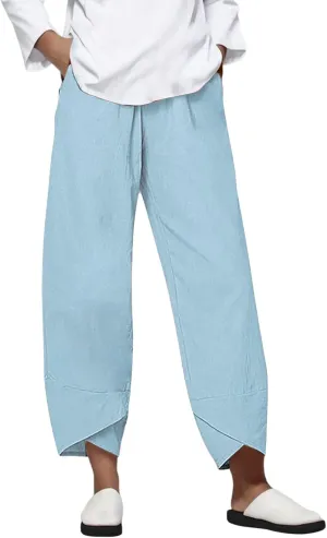 Cotton Linen Pants for Women Capris Plus Size Wide Leg Sweatpants Summer Beach Cropped Elastic Waist Capri Trousers