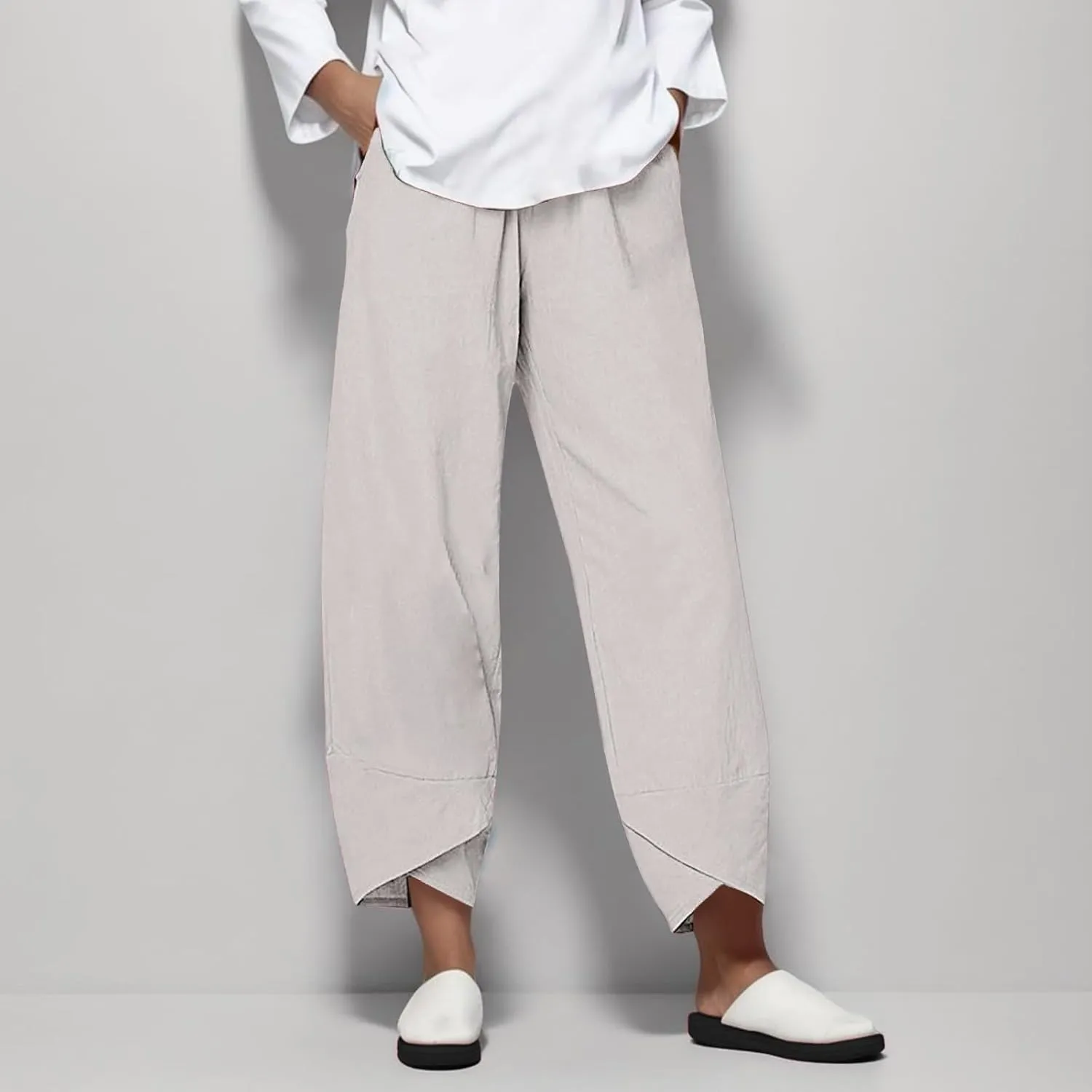 Cotton Linen Pants for Women Capris Plus Size Wide Leg Sweatpants Summer Beach Cropped Elastic Waist Capri Trousers