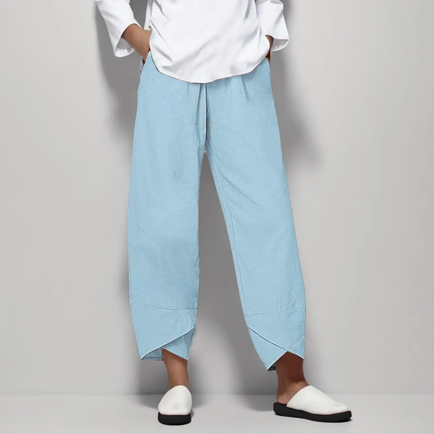 Cotton Linen Pants for Women Capris Plus Size Wide Leg Sweatpants Summer Beach Cropped Elastic Waist Capri Trousers