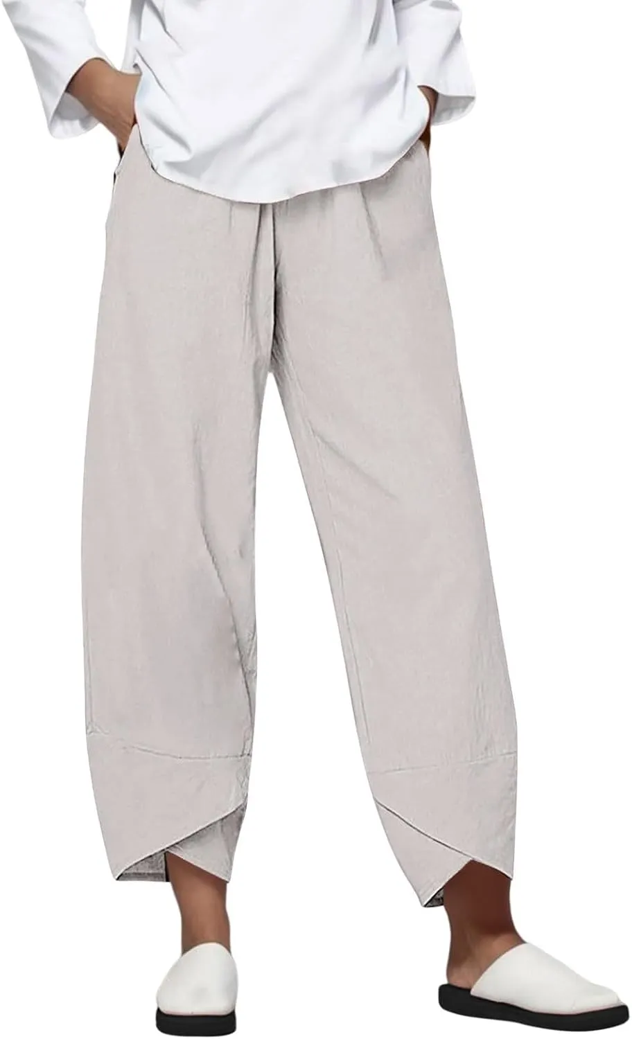 Cotton Linen Pants for Women Capris Plus Size Wide Leg Sweatpants Summer Beach Cropped Elastic Waist Capri Trousers